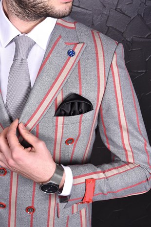 Gri Bordo Çizgili Kruvaze Takım Elbise Sivri Yaka | Agustini