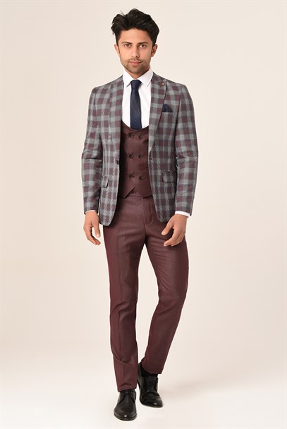 Bordo Ekose Yelekli Sivri Yaka  Kombin Takım Elbise Slim Fit | Agustini
