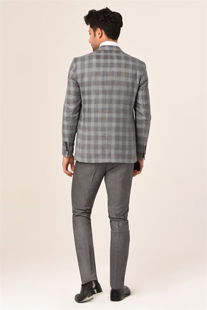 Gri Ekose Yelekli Sivri Yaka  Kombin Takım Elbise Slim Fit | Agustini