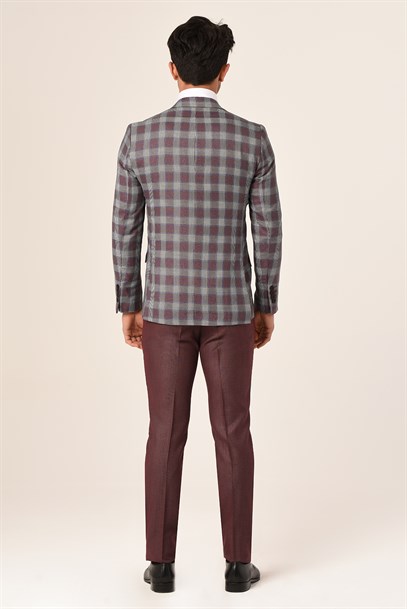 Bordo Ekose Yelekli Sivri Yaka  Kombin Takım Elbise Slim Fit | Agustini