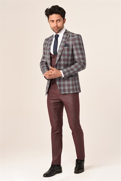 Bordo Ekose Yelekli Sivri Yaka  Kombin Takım Elbise Slim Fit | Agustini