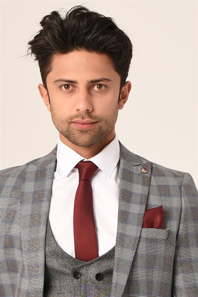 Gri Ekose Yelekli Sivri Yaka  Kombin Takım Elbise Slim Fit | Agustini