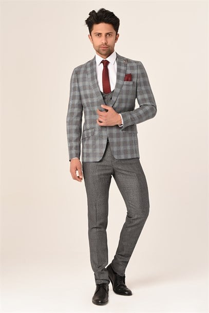 Gri Ekose Yelekli Sivri Yaka  Kombin Takım Elbise Slim Fit | Agustini