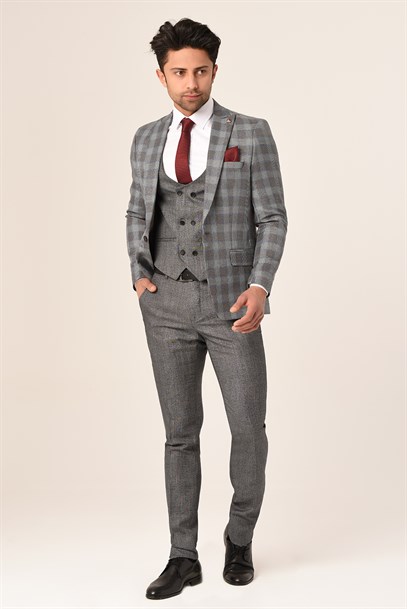 Gri Ekose Yelekli Sivri Yaka  Kombin Takım Elbise Slim Fit | Agustini