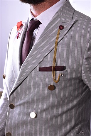 Gri Çizgili,Kruvaze Takım Elbise Slim Fit | Agustini