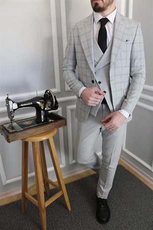 Gri Ekose Kombinli Yelekli Takım Elbise Slim Fit | Agustini