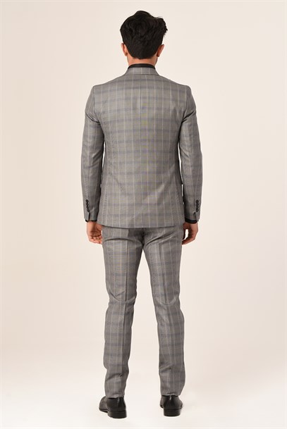 Gri Ekose Yelekli Sivri Yaka  Kombin Takım Elbise Slim Fit | Agustini