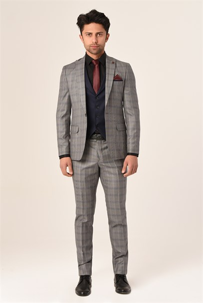 Gri Ekose Yelekli Sivri Yaka  Kombin Takım Elbise Slim Fit | Agustini