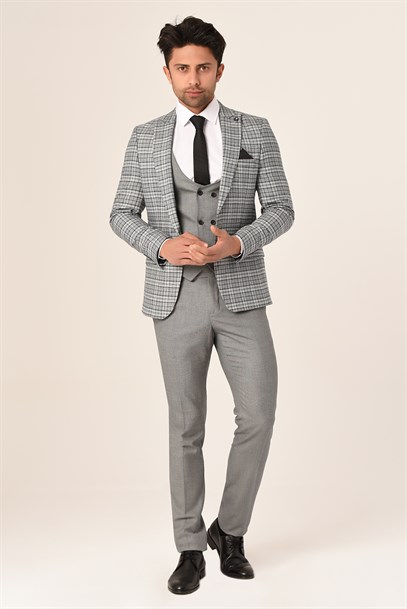 Gri Ekose Yelekli Sivri Yaka  Kombin Takım Elbise Slim Fit | Agustini