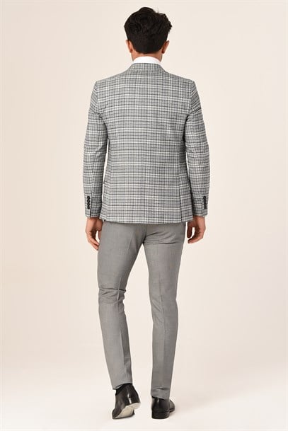Gri Ekose Yelekli Sivri Yaka  Kombin Takım Elbise Slim Fit | Agustini