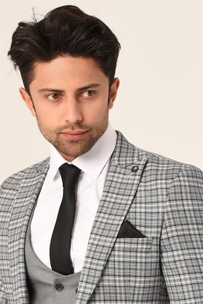 Gri Ekose Yelekli Sivri Yaka  Kombin Takım Elbise Slim Fit | Agustini