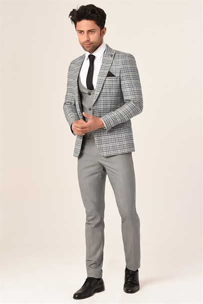 Gri Ekose Yelekli Sivri Yaka  Kombin Takım Elbise Slim Fit | Agustini