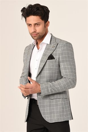Gri Ekose,Blazer Tek Ceket Sivri Yaka Slim Fit | Agustini