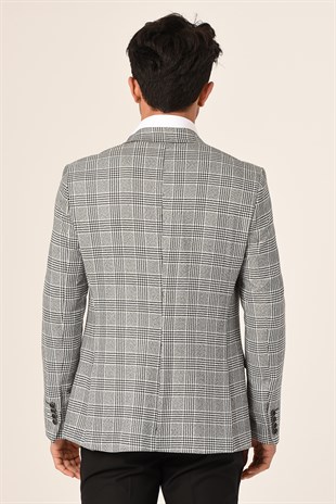 Gri Ekose,Blazer Tek Ceket Sivri Yaka Slim Fit | Agustini