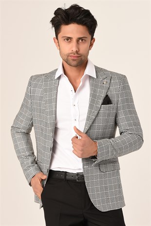 Gri Ekose,Blazer Tek Ceket Sivri Yaka Slim Fit | Agustini
