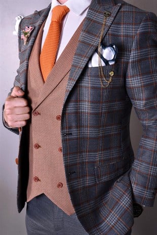 Gri Kiremit Renk Kombinli,Yelekli Takım Elbise Slim Fit | Agustini