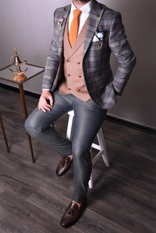 Gri Kiremit Renk Kombinli,Yelekli Takım Elbise Slim Fit | Agustini