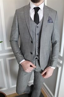 Gri Yelekli Takım Elbise Sivri Yaka Slim Fit | Agustini