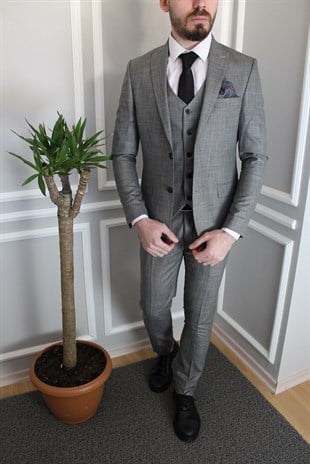 Gri Yelekli Takım Elbise Sivri Yaka Slim Fit | Agustini