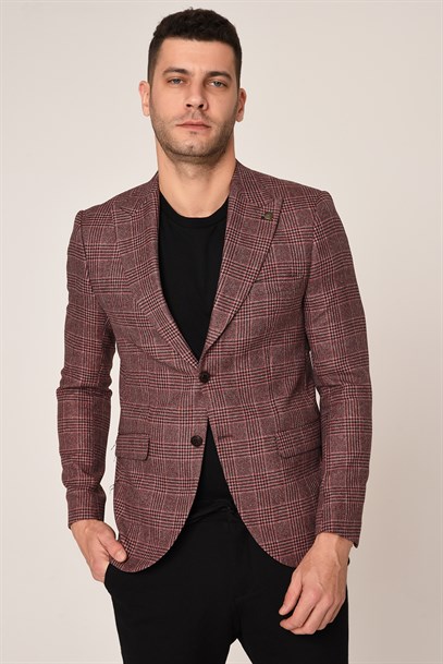 Gülkurusu Renk Ekose Blazer Tek Ceket  Sivri Yaka Slim Fit | Agustini