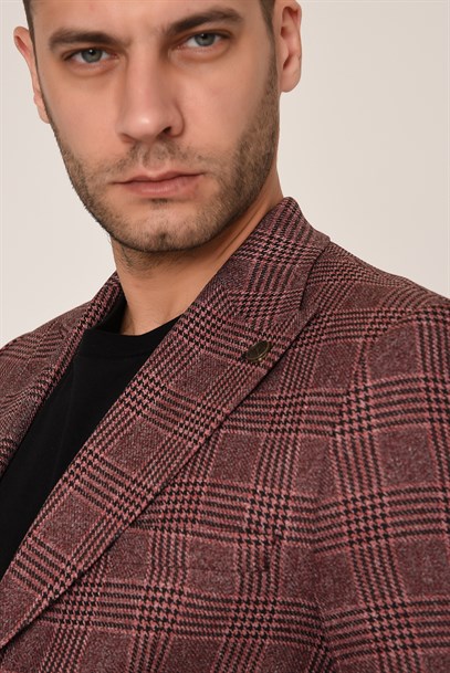 Gülkurusu Renk Ekose Blazer Tek Ceket  Sivri Yaka Slim Fit | Agustini