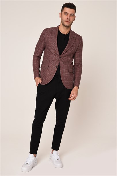 Gülkurusu Renk Ekose Blazer Tek Ceket  Sivri Yaka Slim Fit | Agustini