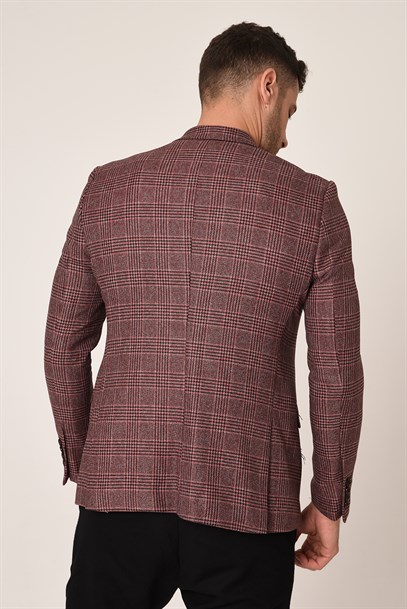 Gülkurusu Renk Ekose Blazer Tek Ceket  Sivri Yaka Slim Fit | Agustini