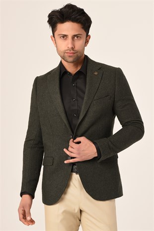 Haki Yeşil,Blazer Tek Ceket Mono Yaka Slim Fit | Agustini