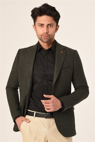 Haki Yeşil,Blazer Tek Ceket Mono Yaka Slim Fit | Agustini