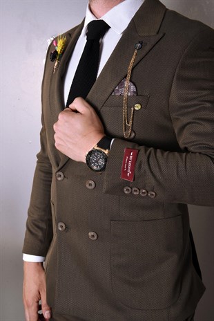 Haki,Kruvaze Takım Elbise Sivri Yaka Slim Fit | Agustini