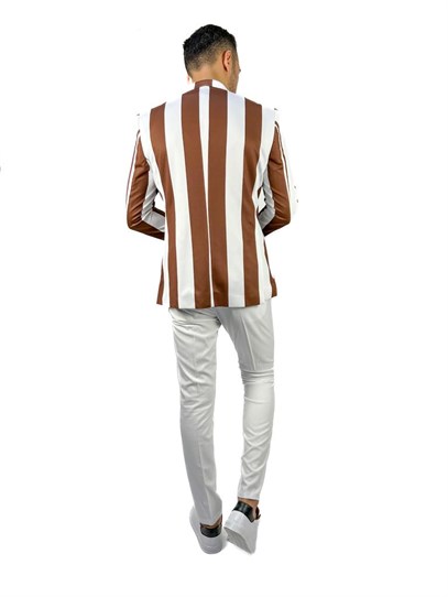 Kahverengi Beyaz Şerit Desen Torba Cep Blazer Tek Ceket Slim Fit | Agustini