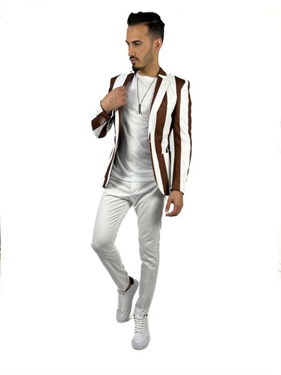 Kahverengi Beyaz Şerit Desen Torba Cep Blazer Tek Ceket Slim Fit | Agustini