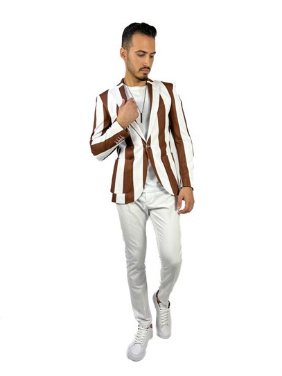 Kahverengi Beyaz Şerit Desen Torba Cep Blazer Tek Ceket Slim Fit | Agustini
