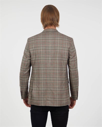 Kahverengi Ekose Blazer Tek Ceket Mono Yaka Slim Fit | Agustini