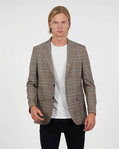 Kahverengi Ekose Blazer Tek Ceket Mono Yaka Slim Fit | Agustini