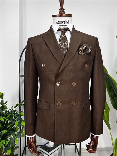 Kahverengi Kruvaze 2Lİ Takım Elbise Sivri Yaka Slim Fit Kalıp | Agustini