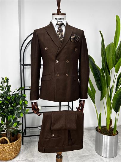 Kahverengi Kruvaze 2Lİ Takım Elbise Sivri Yaka Slim Fit Kalıp | Agustini