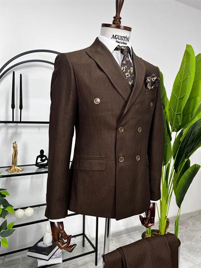 Kahverengi Kruvaze 2Lİ Takım Elbise Sivri Yaka Slim Fit Kalıp | Agustini