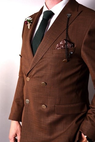 Kahverengi, Kruvaze Takım Elbise Sivri Yaka | Agustini