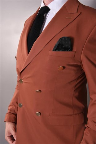 Kiremit Renk Kruvaze Takım Elbise Sivri Yaka | Agustini