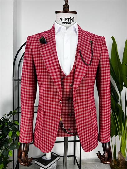 Kırmızı Ekose Kombinli 3Lü Takım Elbise Sivri Yaka Torba Cep Slim Fit Kalıp | Agustini