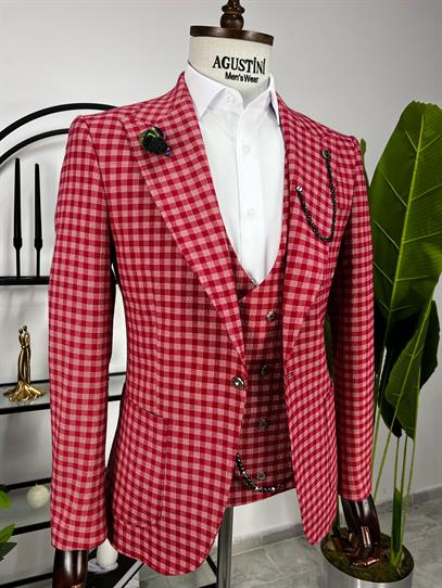 Kırmızı Ekose Kombinli 3Lü Takım Elbise Sivri Yaka Torba Cep Slim Fit Kalıp | Agustini