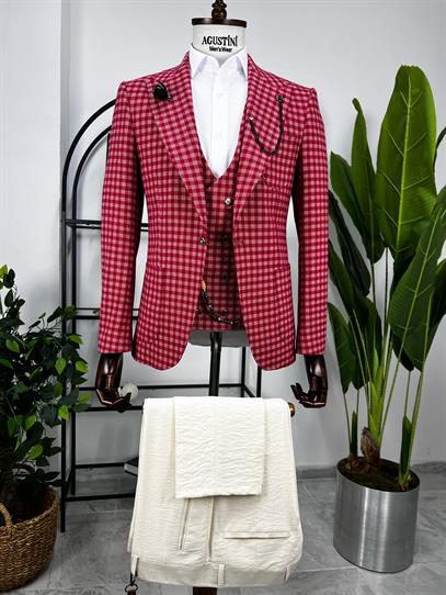 Kırmızı Ekose Kombinli 3Lü Takım Elbise Sivri Yaka Torba Cep Slim Fit Kalıp | Agustini