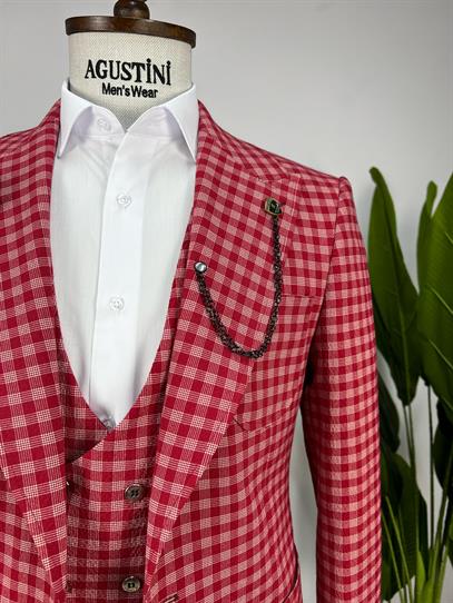 Kırmızı Ekose Kombinli 3Lü Takım Elbise Sivri Yaka Torba Cep Slim Fit Kalıp | Agustini
