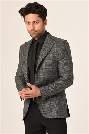 Koyu Gri Ekose,Blazer Tek Ceket Sivri Yaka Slim Fit | Agustini