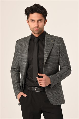 Koyu Gri Ekose,Blazer Tek Ceket Sivri Yaka Slim Fit | Agustini