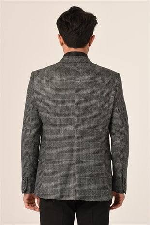 Koyu Gri Ekose,Blazer Tek Ceket Sivri Yaka Slim Fit | Agustini