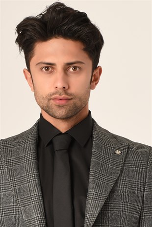 Koyu Gri Ekose,Blazer Tek Ceket Sivri Yaka Slim Fit | Agustini