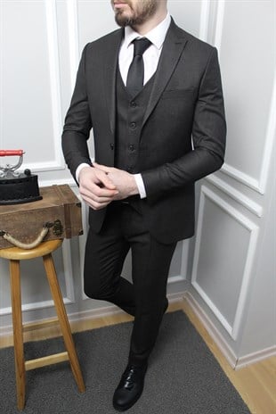 Koyu Kahve Yelekli Takım Elbise Sivri Yaka | Agustini