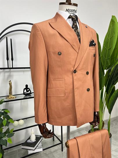 Kremit Renk Kruvaze 2Lİ Takım Elbise Sivri Yaka Slim Fit Kalıp | Agustini